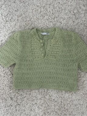 Light Green Zara Cropped Knit Top with Button Placket